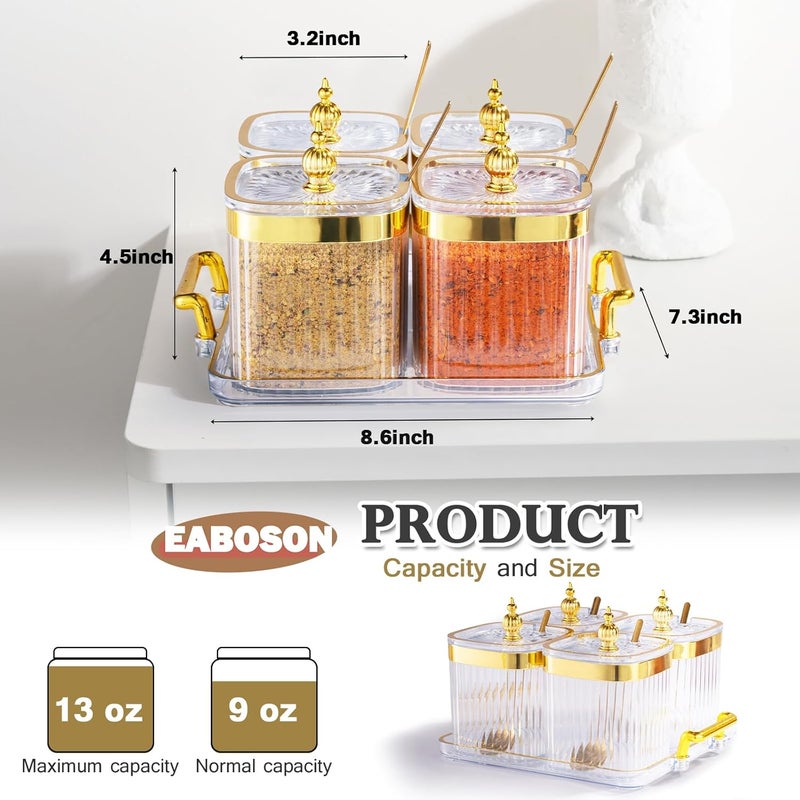 EABOSON 4 Pack Clear Condiment Spice Jars with Lids, Spoons, Tray - Plastic Seasoning Box Set for Salt, Pepper, Sugar - Kitchen Storage - Image 2